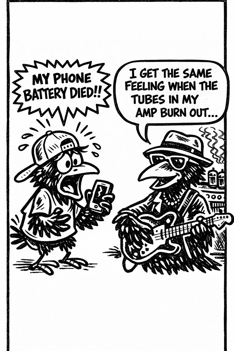 crow joe in the age of ai comic - kid crow, young crow with backwards hat and smartphone in hand, panics 'my phone battery died!' crow joe the blues playing crow tries to relate by saying 'i get the same feeling when the tubes in my amp burn out' blues musicians depend on technology too